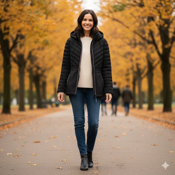 Tommy Hilfiger Women's Black Chevron Quilted Hooded Puffer Jacket Sz XL - Picture 2 of 12